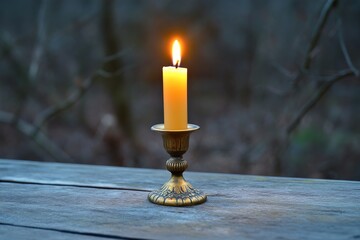 Aufkleber - A simple, tall candle placed in a minimalist holder on an outdoor wooden table at dusk, creating a serene and tranquil atmosphere in the natural surroundings.