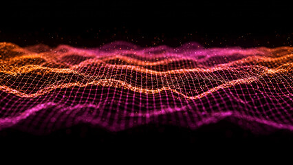 Fototapete - black digital abstract background with wave orange, pink, purple particles, glow sparkles and space with depth of field. Particles form lines, surface and grid