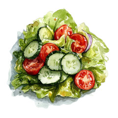 Aufkleber - A watercolor painting depicts a vibrant salad featuring sliced tomatoes, cucumbers, and fresh lettuce leaves.