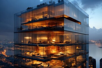 Poster - A stunning view of a modern glass tower, radiantly illuminated at dusk, showcasing a luxurious interior with warm lights against a city skyline backdrop.