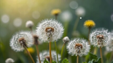 Wall Mural - white dandelions bloom in a meadow with yellow blossoms under soft sunlight during early spring