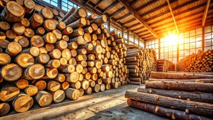 Wall Mural - Sunlit Warehouse Stacked with Timber Logs Ready for Processing