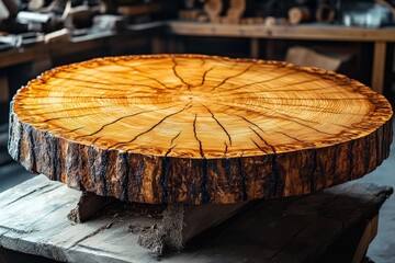 Poster - This image reveals a circular wood slice table, highlighting captivating textures and meticulous detailing of wood grain, creating an eye-catching, earthy centerpiece.