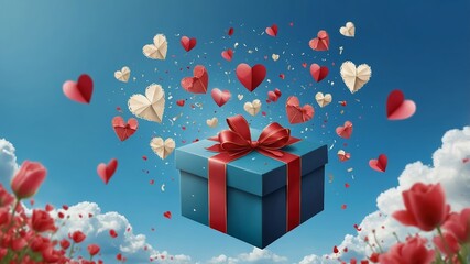 Wall Mural - Gift box surrounded by hearts and flowers against a blue sky creating a romantic atmosphere for celebrations and special occasions