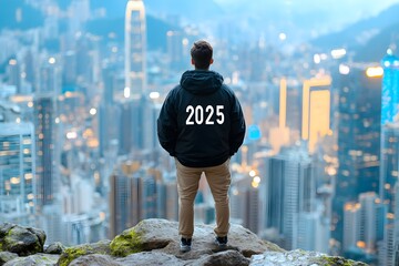 A man standing on top of a mountain, wearing a black jacket with the number 2025 written in white. The background features a cityscape