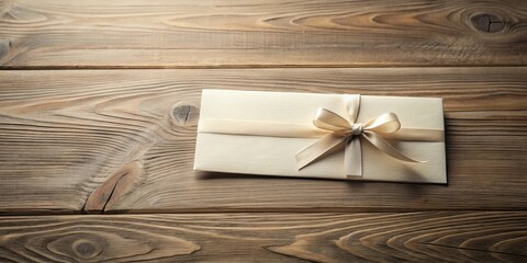 Wall Mural - Elegant cream envelope tied with a delicate satin ribbon, resting on a rustic wooden surface