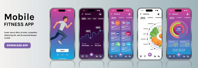 Wall Mural - A sleek fitness app interface template featuring responsive design elements, including dashboards, charts, and statistics. Perfect for tracking health, weekly progress, and sports activities