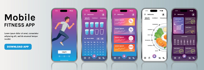 Poster - a sleek fitness app interface template featuring responsive design elements, including dashboards, c