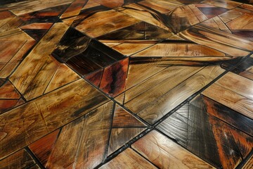 Poster - Geometric wood floor with a variety of colors and textures, highlighting the japanese technique of shou sugi ban