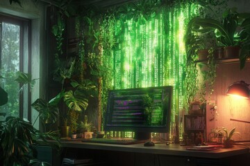 Poster - A Computer Desk Surrounded by Greenery for a Modern and Sustainable Workspace