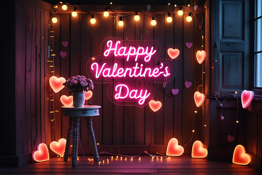 Valentine's Day greeting card, deep red background, golden geometric frame, 3D heart balloons, polka dot hearts, glowing golden text, romantic atmosphere, soft bokeh effect, elegant design, shimmering