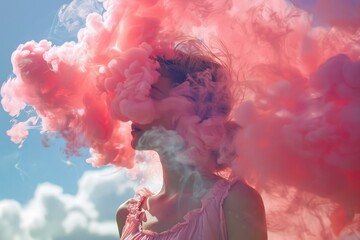 Poster - model posing surrounded by pink smoke against a cloudy blue sky