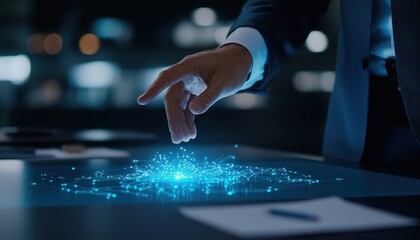 Poster - A Hand Interacting with Glowing Data Network on a Futuristic Digital Interface