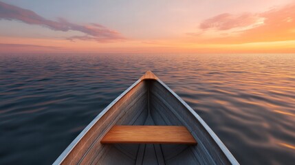 Wall Mural - Rowing into the Unknown: A lone boat, a solitary vessel on the tranquil expanse of a vast, open body of water, its bow pointed towards a breathtaking sunset, invites reflection on life's journey.