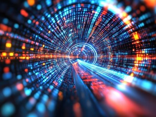Poster - Abstract Digital Tunnel of Glowing Particles and Dynamic Light Streaks