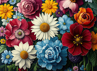 Wall Mural - a vibrant and detailed painting of a variety of flowers, including roses, daisies, and anemones, in a lush garden setting. The colors are rich and varied, creating a visually stunning scene.