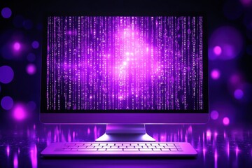 Poster - A computer monitor displaying a screen with purple vertical lines and white dots, surrounded by bokeh lights in the background.