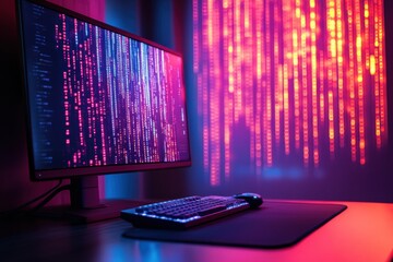 Fototapete - A computer setup with a monitor and keyboard in front of it