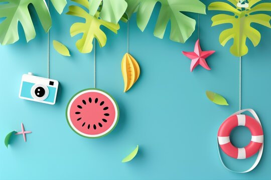 Summer text with watermelon sunglasses fish and lifebuoy ring, summer concept on blue background