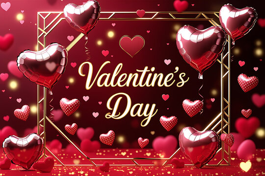 Valentine's Day greeting card, deep red background, golden geometric frame, 3D heart balloons, polka dot hearts, glowing golden text, romantic atmosphere, soft bokeh effect, elegant design, shimmering