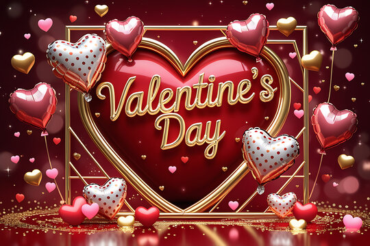Valentine's Day greeting card, deep red background, golden geometric frame, 3D heart balloons, polka dot hearts, glowing golden text, romantic atmosphere, soft bokeh effect, elegant design, shimmering