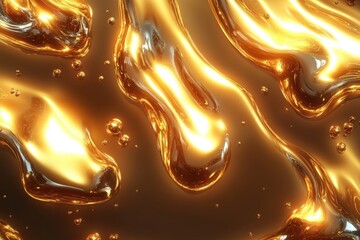 Poster - golden liquid metal flowing in abstract waves with bubbles and smooth surface changes captured in hi