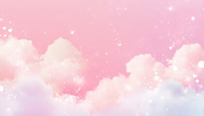 Poster - Dreamy Pastel Pink Sky with Fluffy Clouds and Sparkling Hearts