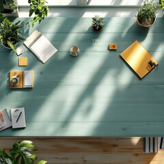Aufkleber - A workplace with a wooden floor and various objects on the desk