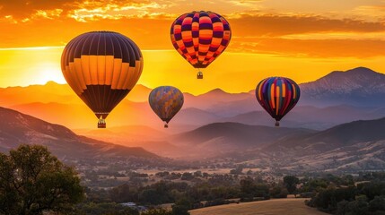 Wall Mural - Colorful Hot Air Balloons Soar Over Majestic Mountain Landscape at Breathtaking Sunset