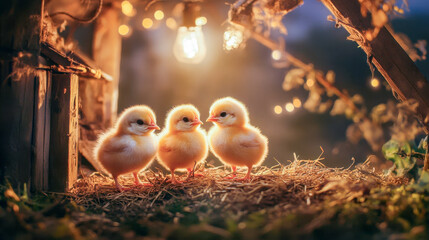 Wall Mural - Two small fluffy chicks sitting together in a rustic nest surrounded by natural elements and soft textures