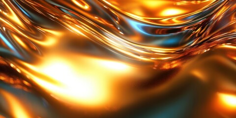 Poster - Iridescent Metallic Waves in Bright Orange and Blue Colors with Smooth Flowing Texture Ideal for Abstract Background Designs