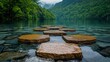 © PACESTOCK - Tranquil lake steps, mountain backdrop, serene nature scene, ideal for meditation or travel brochures