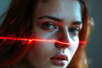 Poster - close up of a woman with glitter makeup experiencing a facial scan with a red laser beam, highlighti
