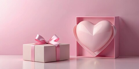 Wall Mural - A Pink Gift Box with a Ribbon and a Heart Shaped Present in a Pink Frame on a Pink Background