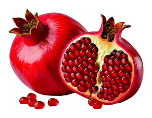 fresh pomegranate fruit with white slice part and leaves on white background