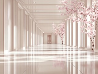 Aufkleber - Luxurious Hallway with Cherry Blossom Trees