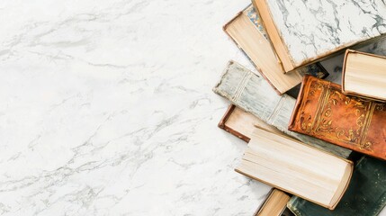 Poster - Stacked Books on Marble and Wood Office Desk with Workspace Background