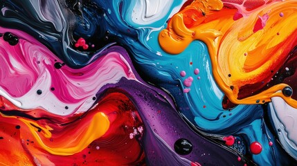 Poster - Vibrant Fluid Art Explosion of Colorful Acrylic Paints on Canvas with Swirling Movement and Captivating Texture