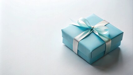 Wall Mural - A delicately wrapped light blue gift box with a silver ribbon bow sits on a matching surface