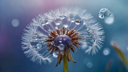 Poster - Dandelion seeds adorned with raindrops sparkling in soft morning light over a blurred background