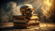 © Collection - A human skull rests atop a stack of aged books, shrouded in mystical dust and light