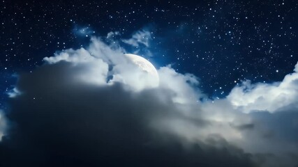 Wall Mural - An atmospheric digital animation showcasing a large glowing full moon surrounded by twinkling stars and drifting clouds in a dreamy night sky setting