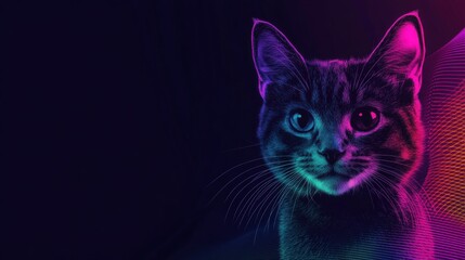Poster - Cute cat features prominently against a backdrop of dynamic neon light waves in rich hues, creating a captivating visual experience