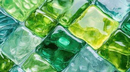 Poster - Detailed view of vibrant green glass tiles with organic shapes and textures, complemented by a playful cat exploring its surroundings