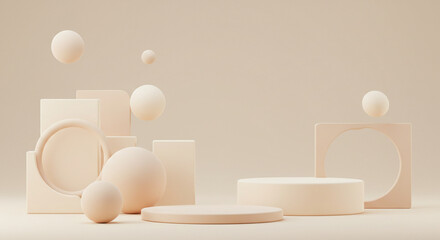 Poster - Minimal 3D-rendered abstract background with beige geometric shapes on a beige backdrop, designed for branding and product presentation with included clipping paths.
