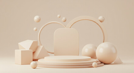 Poster - Minimal 3D-rendered abstract background with beige geometric shapes on a beige backdrop, designed for branding and product presentation with included clipping paths.