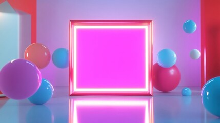 Poster - Vibrant bokeh lights surround a glowing neon frame, enhancing the lively ambiance in a contemporary setting filled with colorful orbs