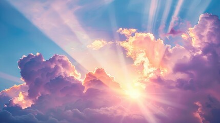 Wall Mural - vibrant clouds in hues of pink and orange fill the sky as the sun sets, casting beautiful rays that 