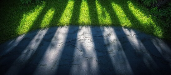 Sunlight shadows on stone path, green grass backdrop, serene garden scene, nature website