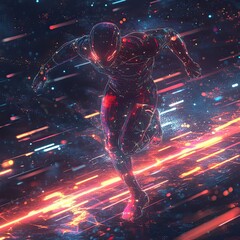 Poster - Futuristic Cyborg Runner Streaking Across Neon Landscape
